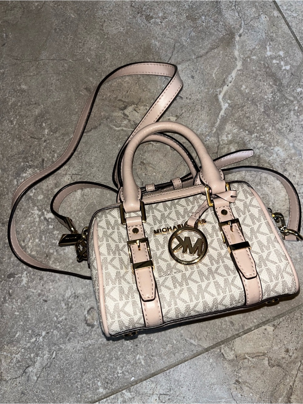 Michael Kors Pink and Ivory Logo Mini Satchel clutch. Petite and cute.